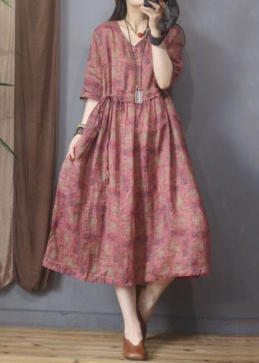 Organic Red Cinched Print Linen Dresses Summer