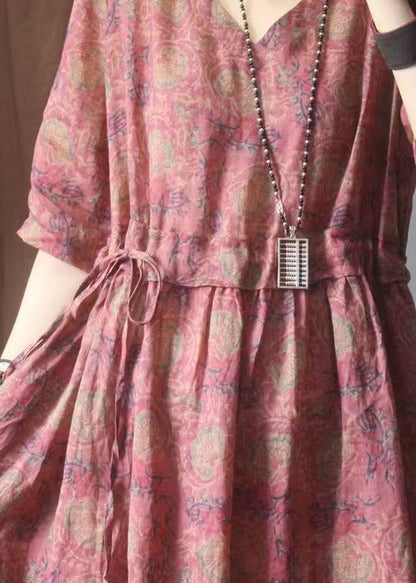 Organic Red Cinched Print Linen Dresses Summer