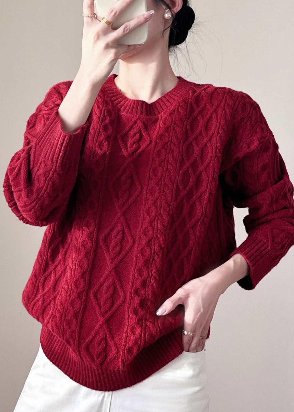 Organic Red Cozy Solid Cotton Knit Short Sweater Long Sleeve