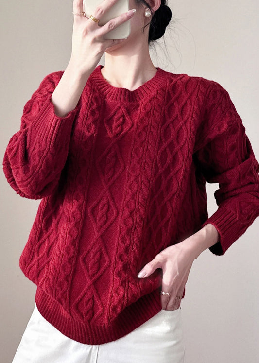 Organic Red Cozy Solid Cotton Knit Short Sweater Long Sleeve