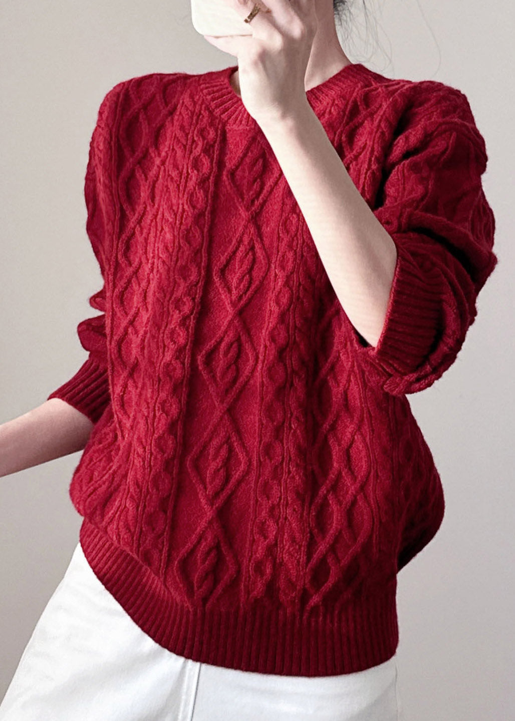 Organic Red Cozy Solid Cotton Knit Short Sweater Long Sleeve