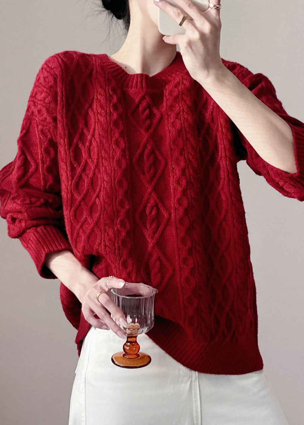 Organic Red Cozy Solid Cotton Knit Short Sweater Long Sleeve