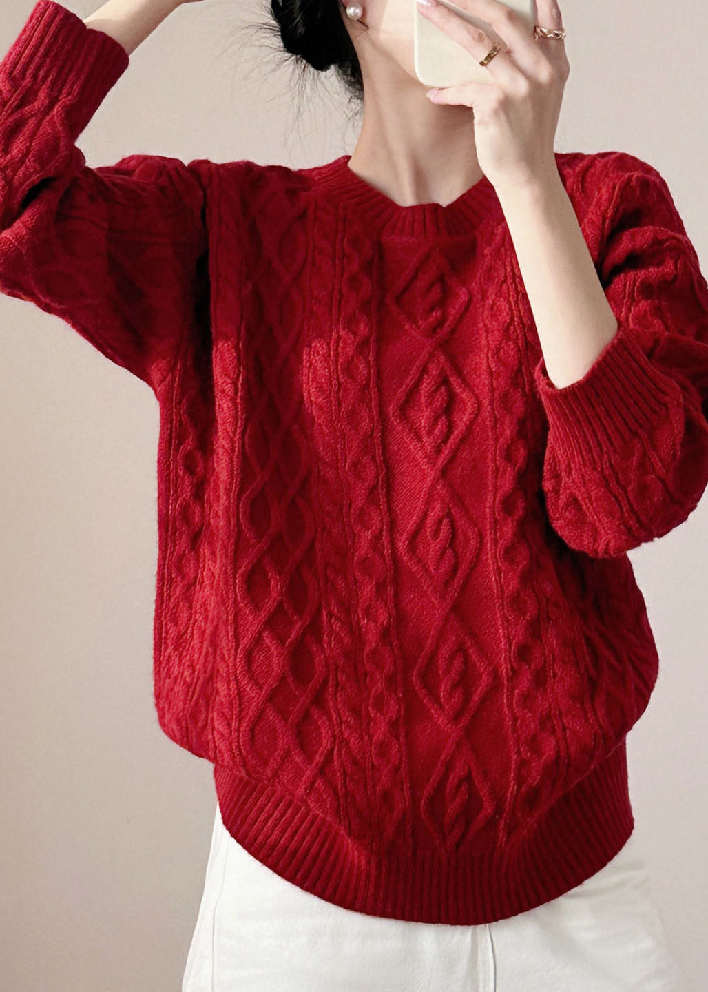Organic Red Cozy Solid Cotton Knit Short Sweater Long Sleeve