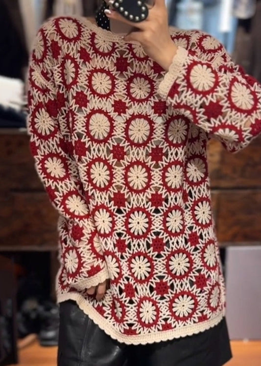 Organic Red O Neck Embroidered Knit Sweaters Spring