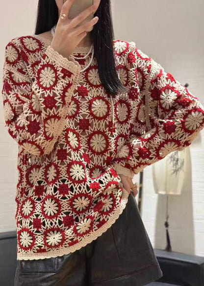 Organic Red O Neck Embroidered Knit Sweaters Spring