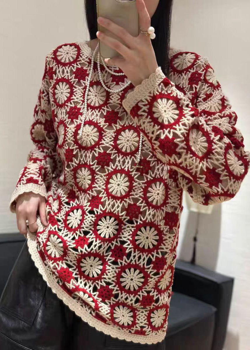 Organic Red O Neck Embroidered Knit Sweaters Spring