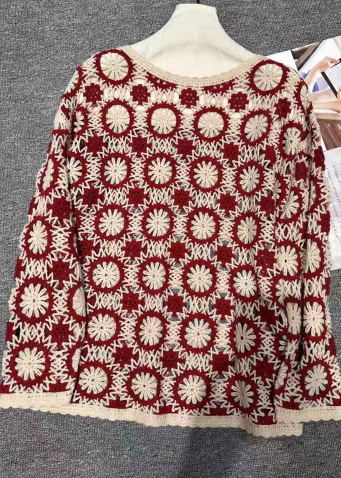 Organic Red O Neck Embroidered Knit Sweaters Spring