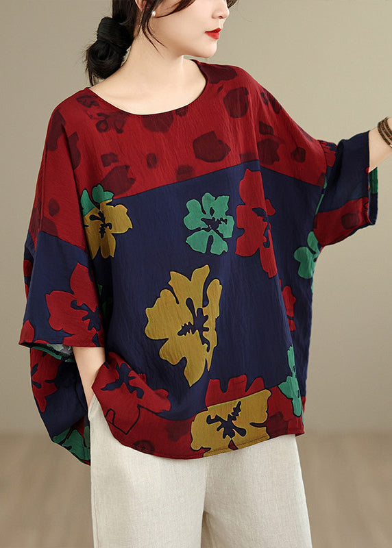 Organic Red O-Neck Print Top Summer