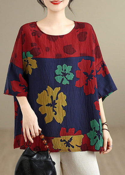 Organic Red O-Neck Print Top Summer