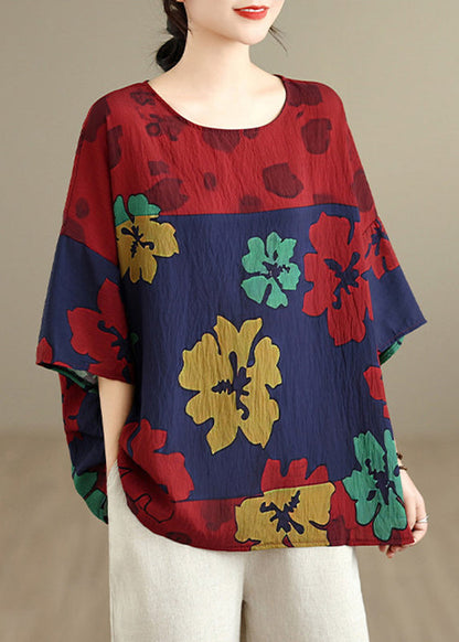 Organic Red O-Neck Print Top Summer
