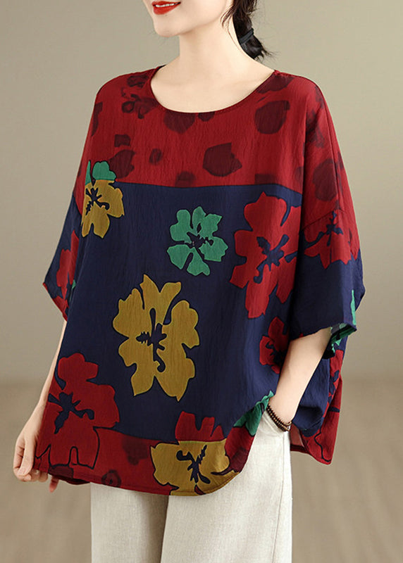 Organic Red O-Neck Print Top Summer