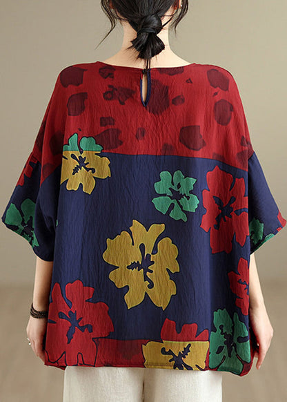 Organic Red O-Neck Print Top Summer