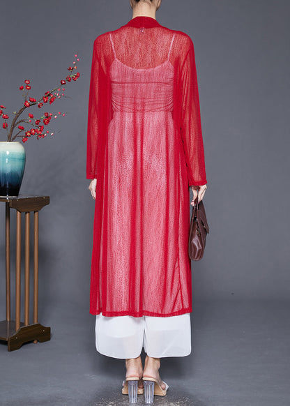 Organic Red Oversized Pockets Cotton Long Cardigan Fall