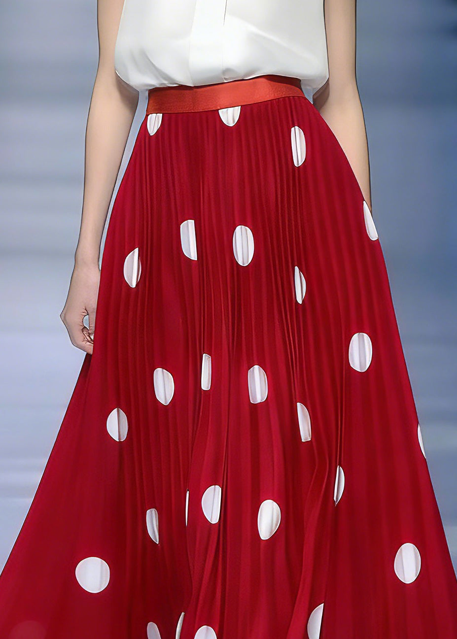 Organic Red Print Elastic Waist Draping Pleated Skirt Spring