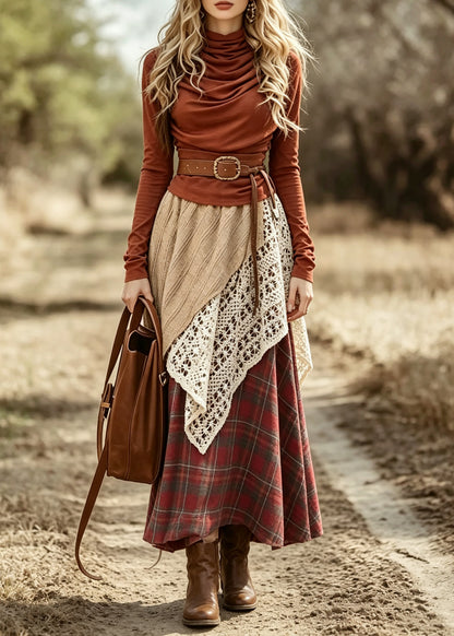 Organic Red Turtleneck Print Top And A Line Skirts Two Pieces Set Long Sleeve