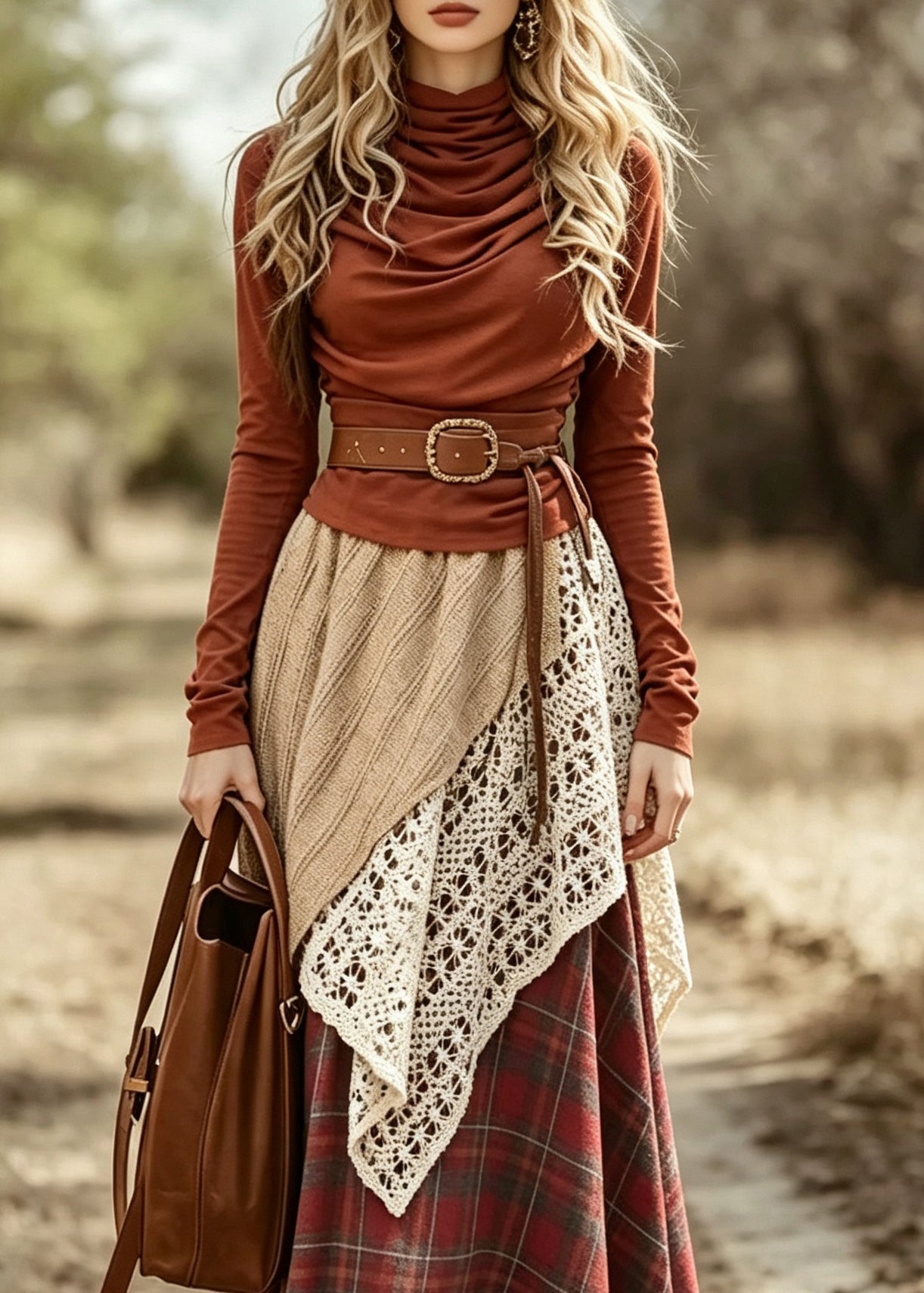 Organic Red Turtleneck Print Top And A Line Skirts Two Pieces Set Long Sleeve
