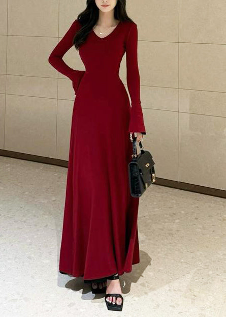 Organic Red V Neck Cotton Maxi Dresses Flare Sleeve