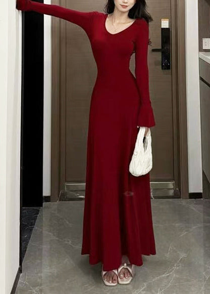 Organic Red V Neck Cotton Maxi Dresses Flare Sleeve