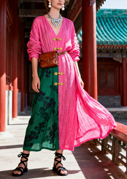 Organic Rose V Neck Print Holiday Long Dress Fall