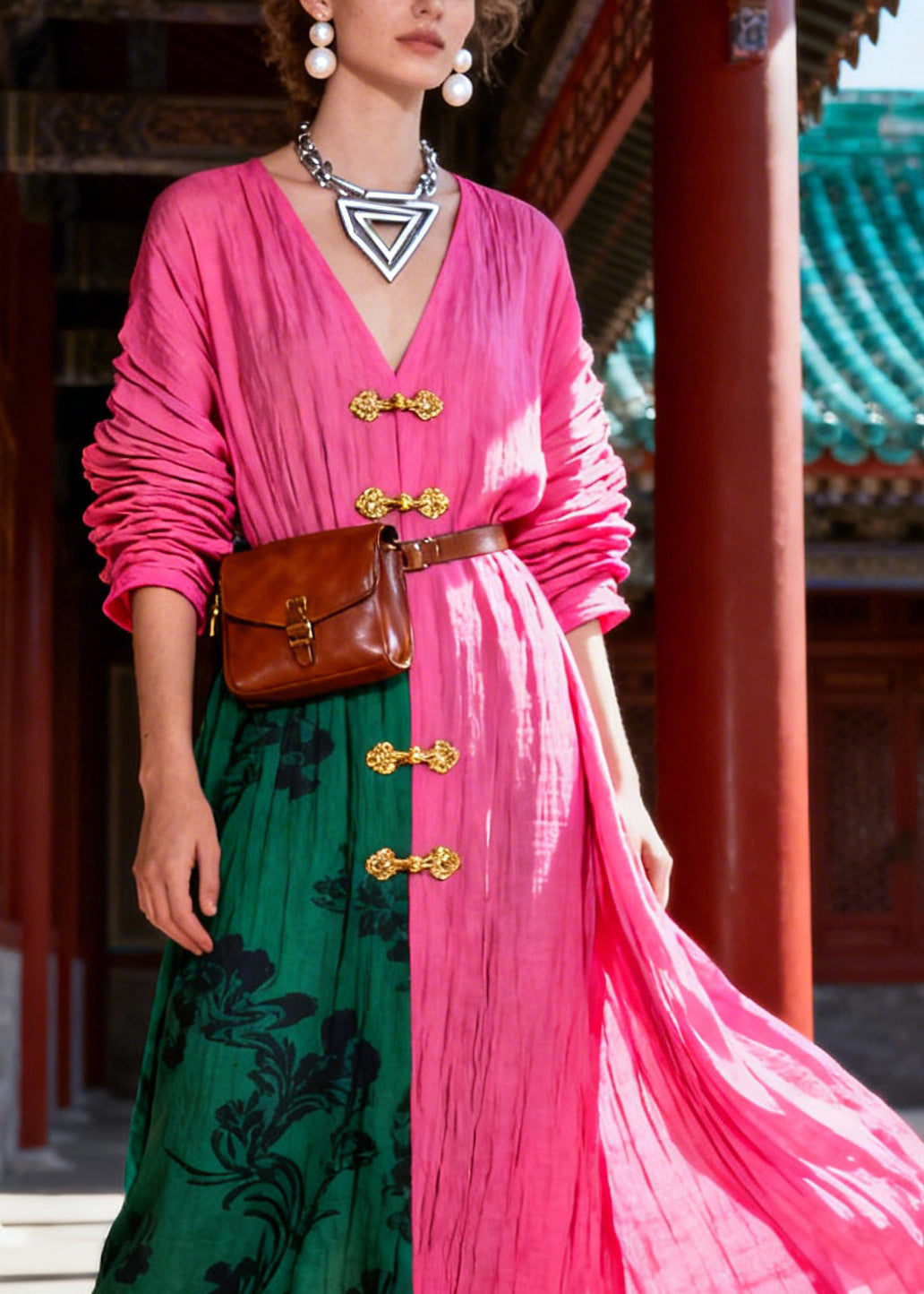 Organic Rose V Neck Print Holiday Long Dress Fall
