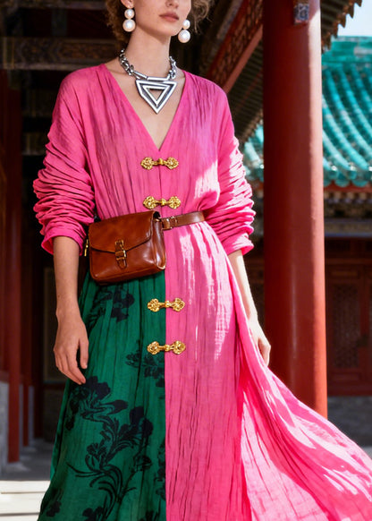 Organic Rose V Neck Print Holiday Long Dress Fall