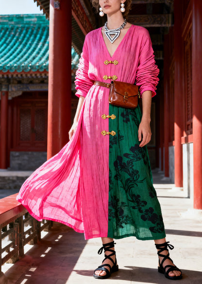Organic Rose V Neck Print Holiday Long Dress Fall
