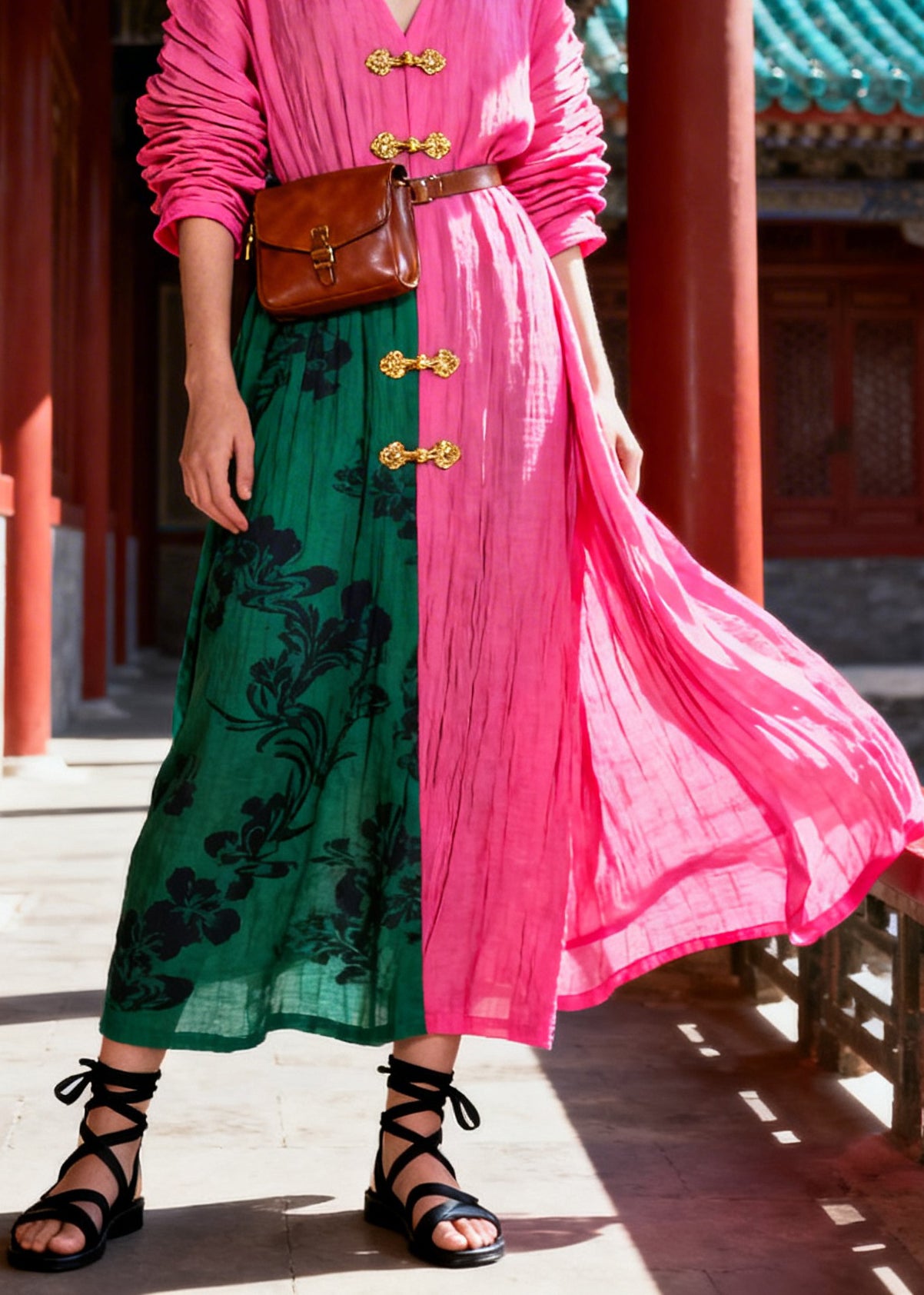 Organic Rose V Neck Print Holiday Long Dress Fall
