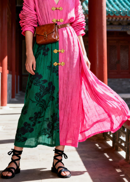 Organic Rose V Neck Print Holiday Long Dress Fall
