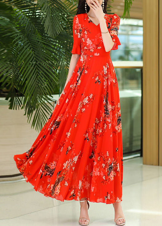 Organic Rose V Neck Print Wrinkled Chiffon Maxi Dresses Summer