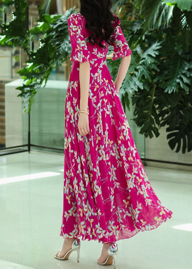 Organic Rose V Neck Print Wrinkled Chiffon Maxi Dresses Summer