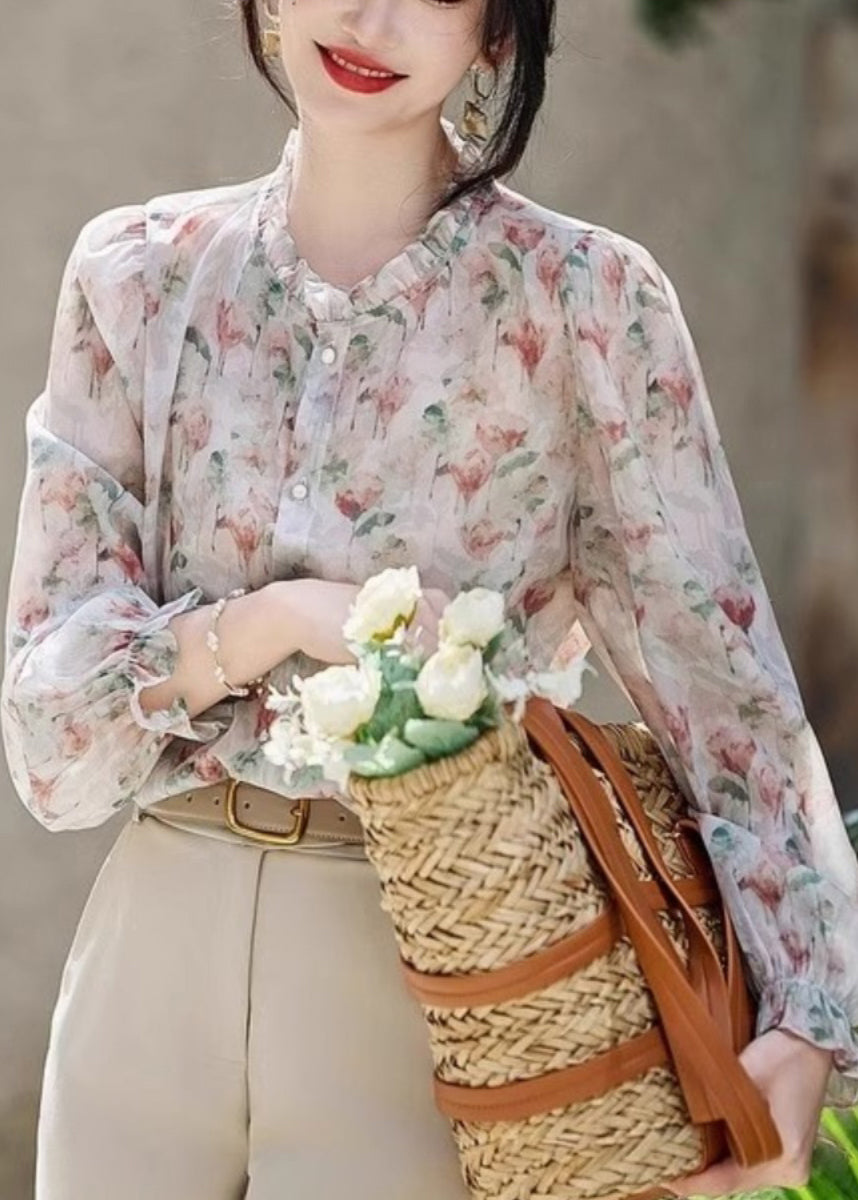 Organic Ruffled Print Chiffon Shirt Long Sleeve