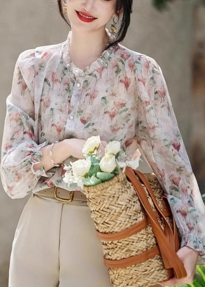 Organic Ruffled Print Chiffon Shirt Long Sleeve