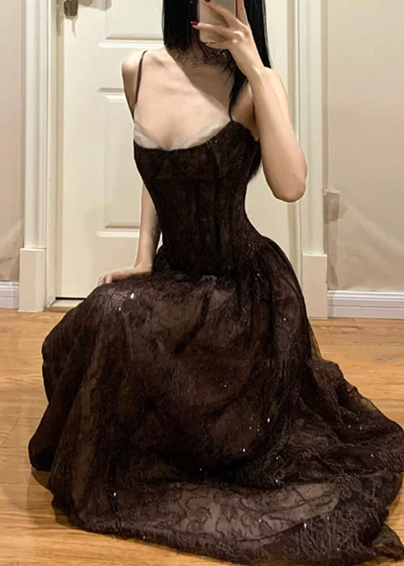 Organic Sequins Patchwork Lace Holiday Long Spaghetti Strap Dress Summer