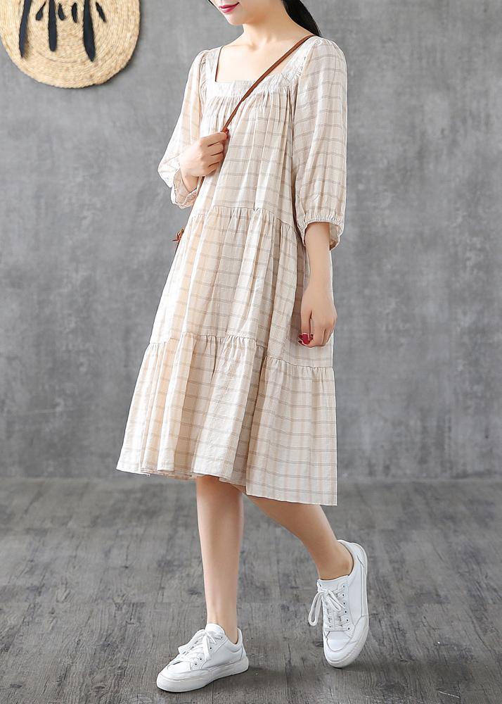 Organic Square Collar patchwork linen cotton clothes linen beige plaid Dresses - SooLinen