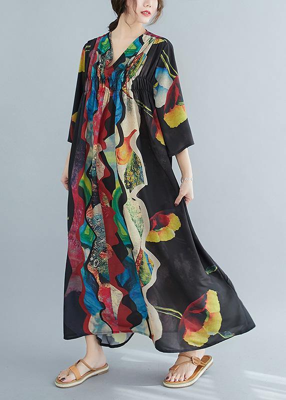 Organic V Neck Cinched Spring Tunics Print Plus Size Dresses - SooLinen