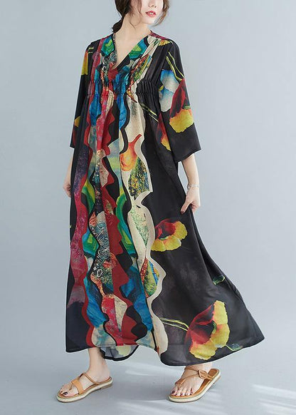 Organic V Neck Cinched Spring Tunics Print Plus Size Dresses - SooLinen