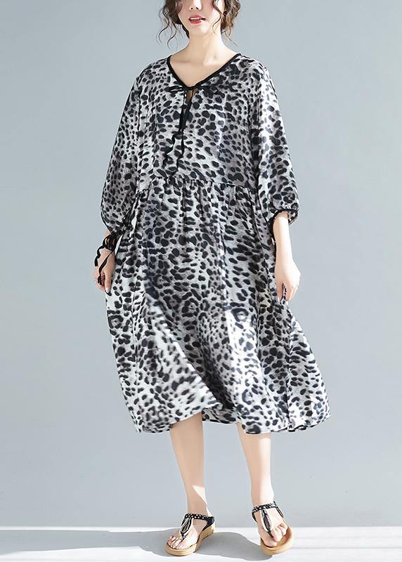 Organic V Neck Half Sleeve Lnspiration Gray Leopard A Line Dresses - SooLinen