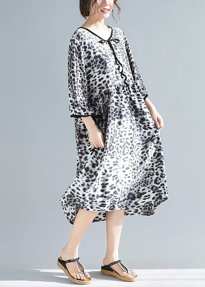 Organic V Neck Half Sleeve Lnspiration Gray Leopard A Line Dresses - SooLinen