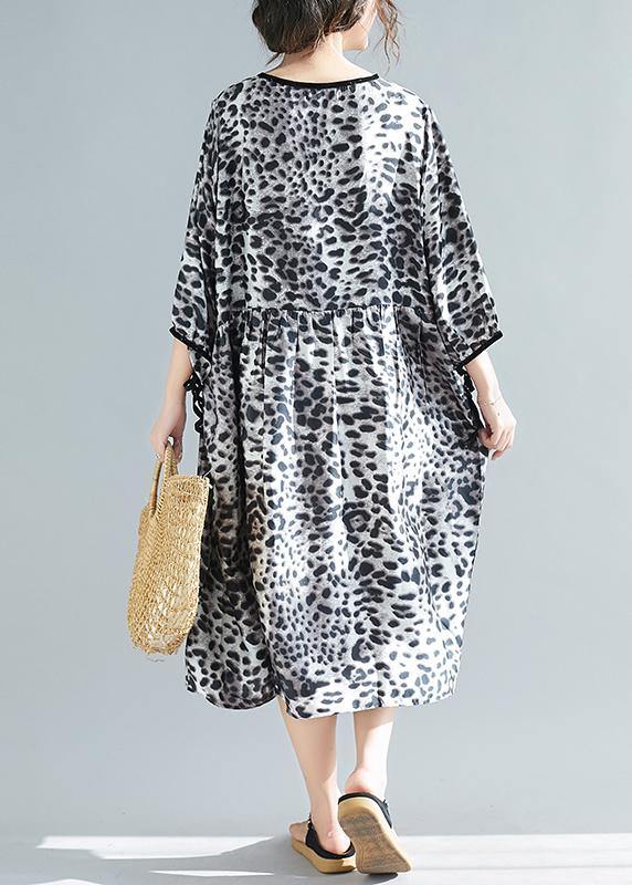 Organic V Neck Half Sleeve Lnspiration Gray Leopard A Line Dresses - SooLinen