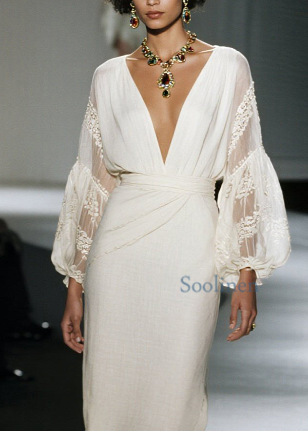 Organic V Neck Lace Patchwork Cotton Dress Spring