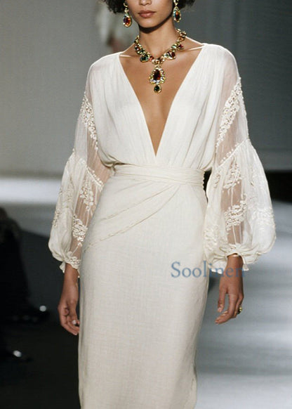 Organic V Neck Lace Patchwork Cotton Dress Spring