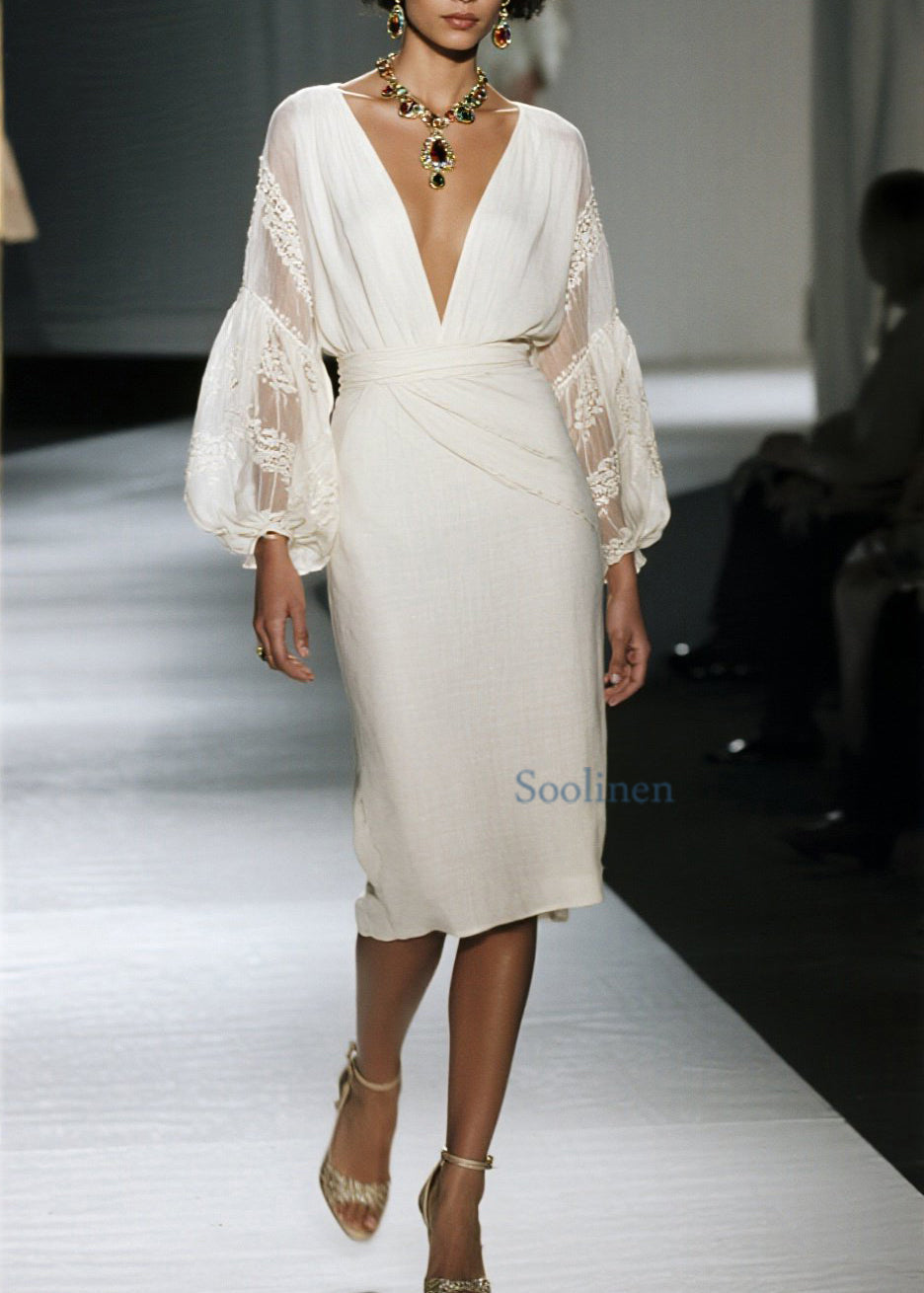 Organic V Neck Lace Patchwork Cotton Dress Spring