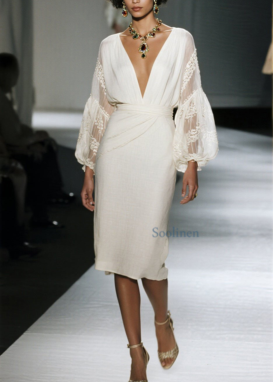 Organic V Neck Lace Patchwork Cotton Dress Spring