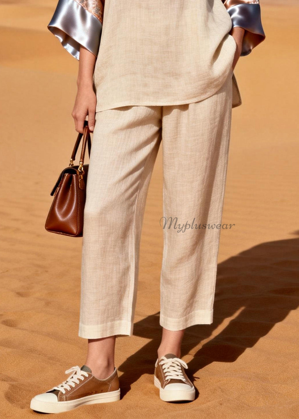 Organic V Neck Patchwork Linen Silk Two Pieces Set Summer