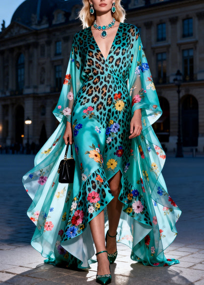 Organic V Neck Ruffled Print Patchwork Silk Maxi Dresses Summer