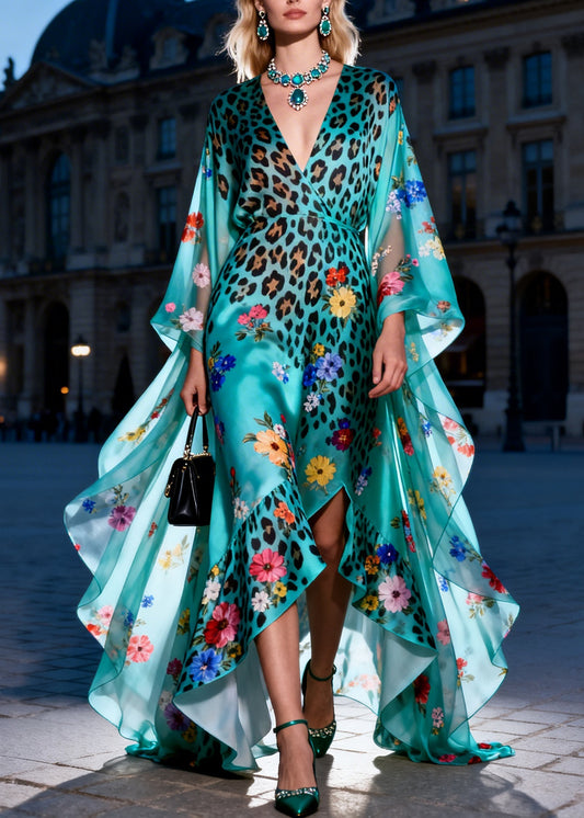 Organic V Neck Ruffled Print Patchwork Silk Maxi Dresses Summer