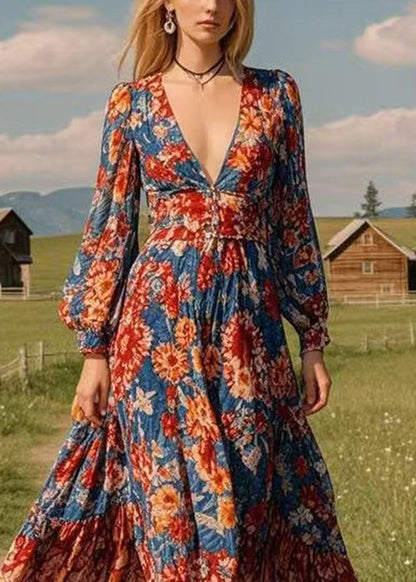 Organic V Neck Wrinkled Chiffon Long Dresses Lantern Sleeve