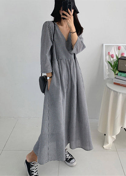 Organic V Neck Wrinkled Pockets Plaid Cotton Dresses Long Sleeve