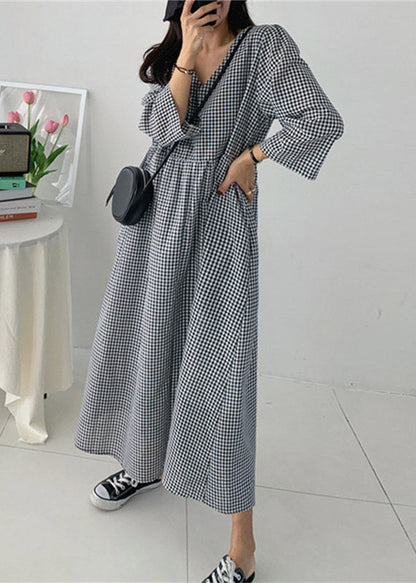 Organic V Neck Wrinkled Pockets Plaid Cotton Dresses Long Sleeve