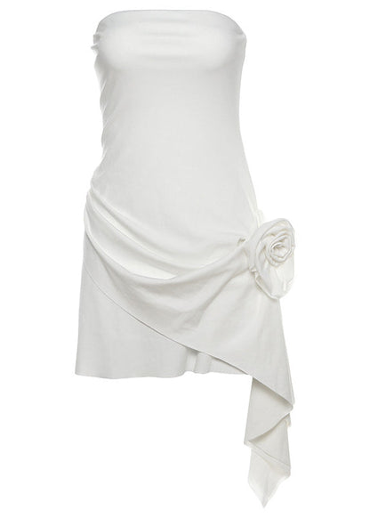 Organic White Asymmetrical Floral Cotton Strapless Dress Summer